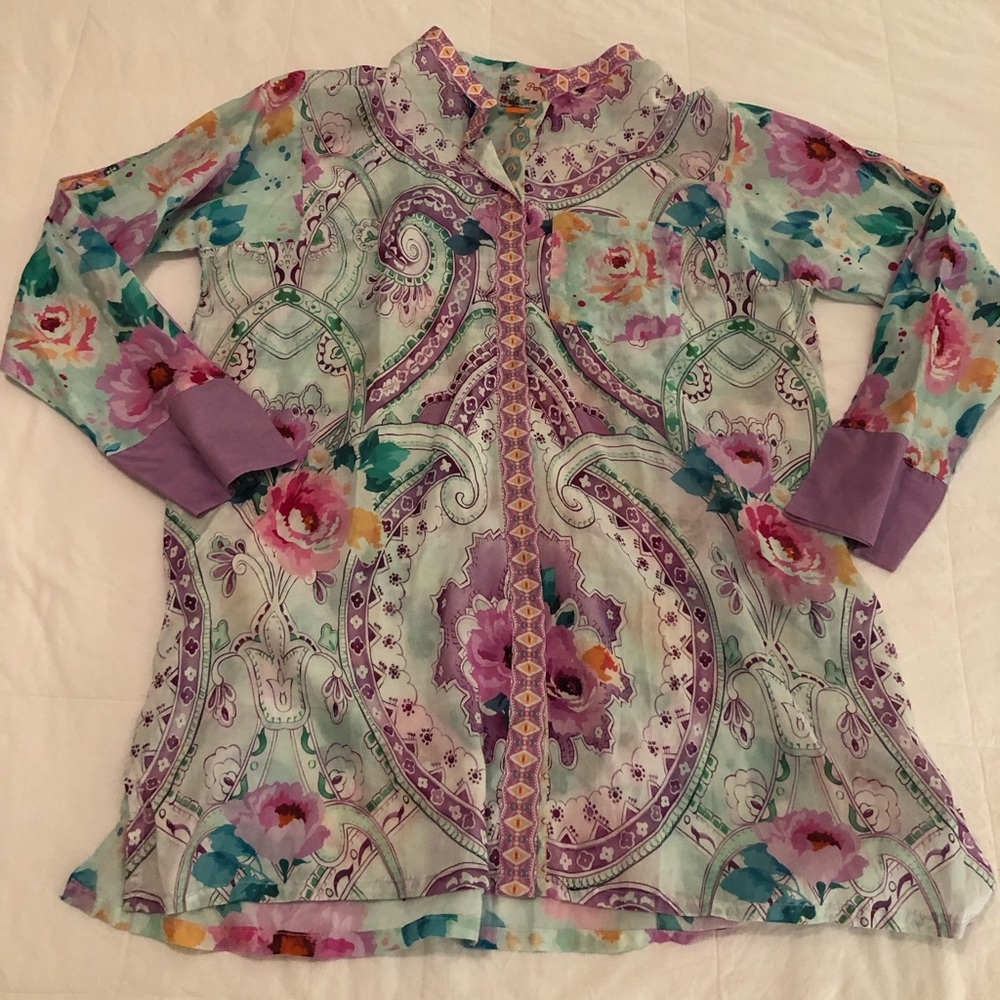 Pareesa Pret floral button up cotton shirt, EUC